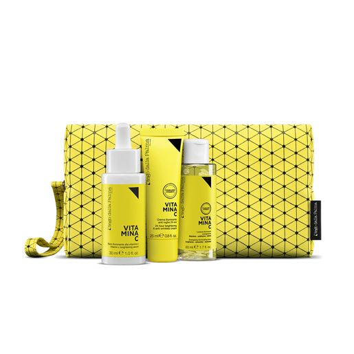 Vitamina C Kit - Siero Illuminante Vitamina C + Crema Illuminante Anti Rughe 24 H + Lozione Illuminante Energizzante + Yellow Beauty Case